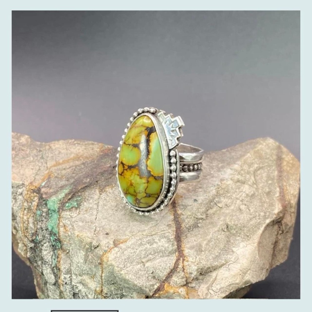Handcrafted Sterling Silver and Green Hubei Turquoise Statement Ring size 9